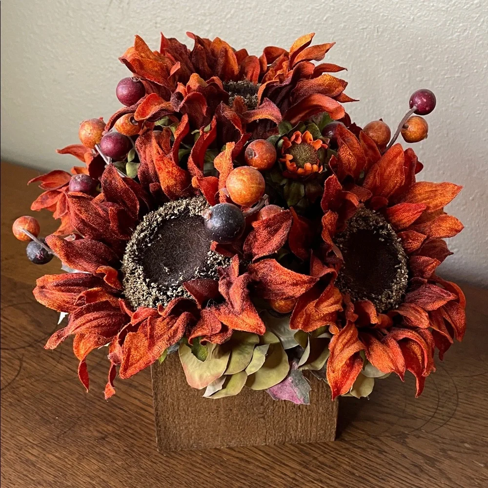 Deep Rust Sunflowers and Berries in a Handmade Cedar Box.